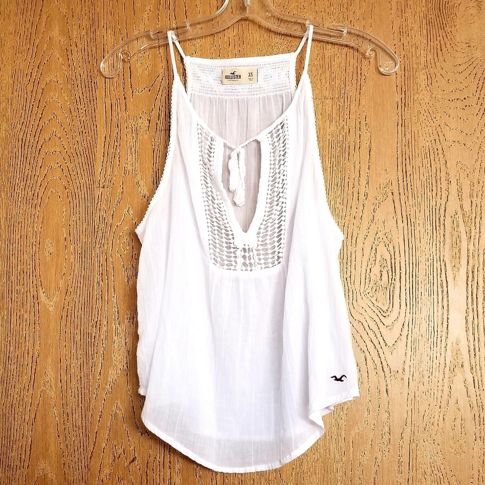 Hollister White Tank Top with Woven Front & Tassle